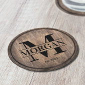 Monogram Initiaal Familienaam Rustic Faux Wooden Ronde Kartonnen Onderzetter