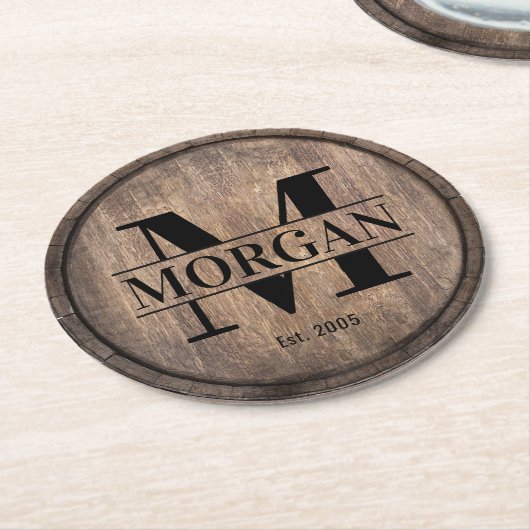 Monogram Initiaal Familienaam Rustic Faux Wooden Ronde Kartonnen Onderzetter (Gebogen)