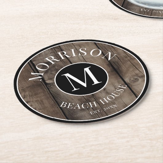 Monogram Initiaal Familienaam Rustic Wood Ronde Kartonnen Onderzetter (Gebogen)
