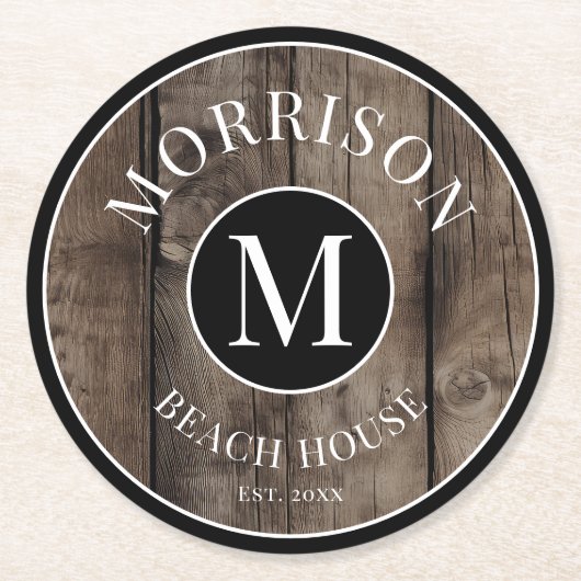 Monogram Initiaal Familienaam Rustic Wood Ronde Kartonnen Onderzetter (Voorkant)