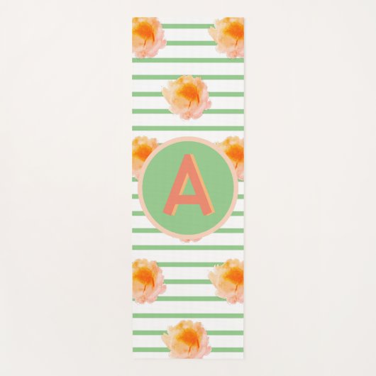 Monogram Initiaal Floral Stripe Green White Peach Yogamat (Voorkant)