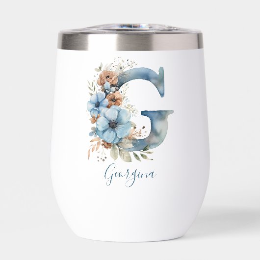 Monogram Initiaal G Blauw Bloemen Waterverf Gift H (Voorkant)