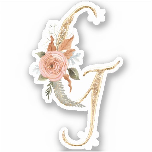 Monogram Initiaal G Gold Glitter Peony Roos Floral Sticker (Voorkant)