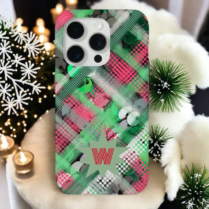 monogram initiaal geruit tartan rood groen feestel iPhone 15 pro case
