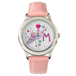 Monogram Initiaal Girl's Hearts Stippen Squares kl Horloge