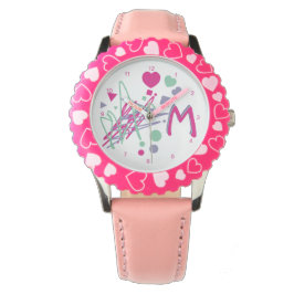 Monogram Initiaal Girl's Hearts Stippen Squares kl Horloge
