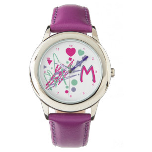 Monogram Initiaal Girl's Hearts Stippen Squares kl Horloge