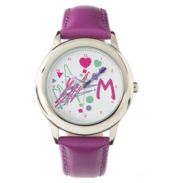 Monogram Initiaal Girl's Hearts Stippen Squares kl Horloge (Voorkant)