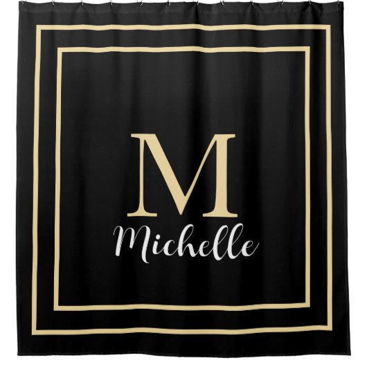 Monogram Initiaal Gold Black White - Aangepaste na Douchegordijn (Voorkant)