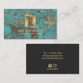 Monogram Initiaal  Gold Turquoise & Blauwgroen Visitekaartje (Voorkant / Achterkant)
