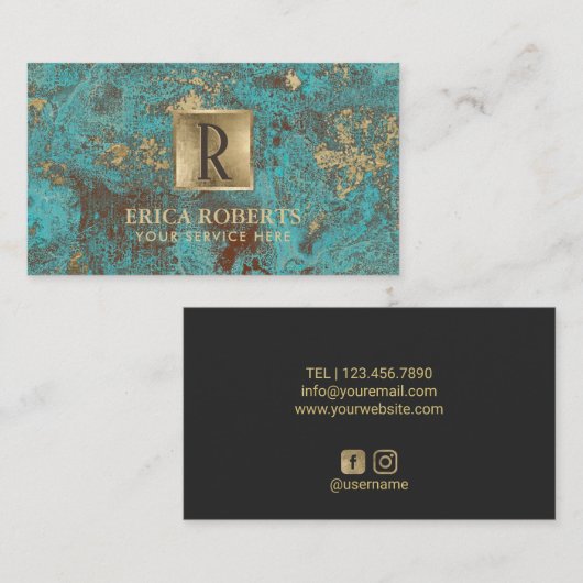 Monogram Initiaal Gold Turquoise & Blauwgroen Visitekaartje (Voorkant / Achterkant)