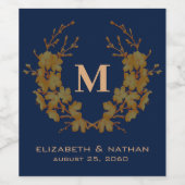Monogram Initiaal Goud Bloempatroon Navy Blue Wijn Etiket (Enkel label)