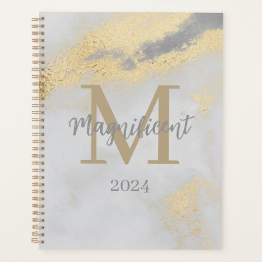 Monogram Initiaal Goud en Grijs Marmer 2024 Niet g Planner (Voorkant)