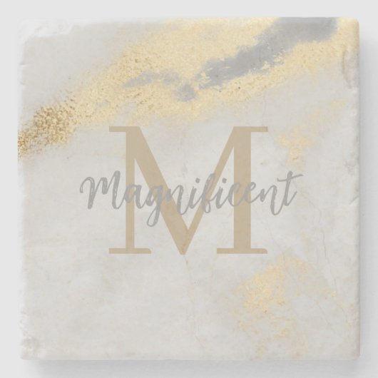 Monogram Initiaal Goud en grijze marmer Stenen Onderzetter (Voorkant)