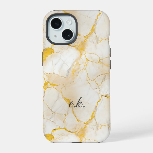 Monogram Initiaal goud geel wit marmer iPhone 15 Case (Achterkant)