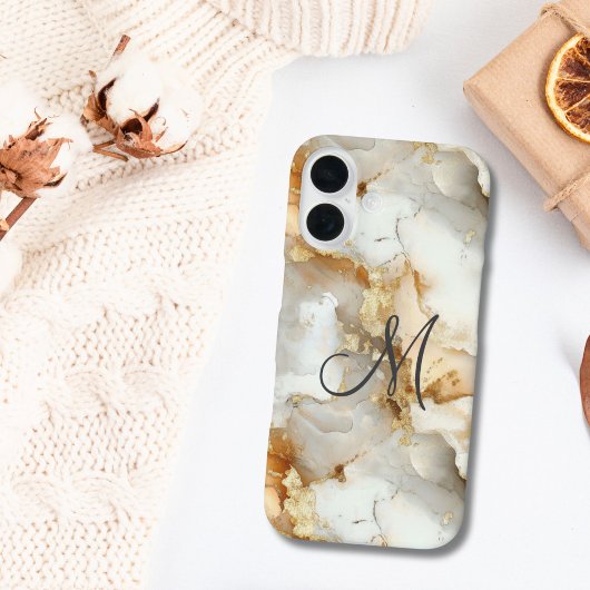Monogram Initiaal Goud Grijs Wit Marmer Aquarel Case-Mate iPhone Case
