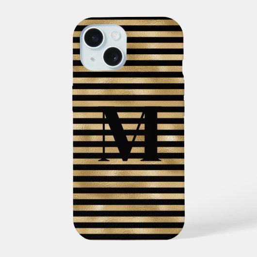 Monogram Initiaal Goud Zwart Gestreept iPhone 15 Case (Achterkant)