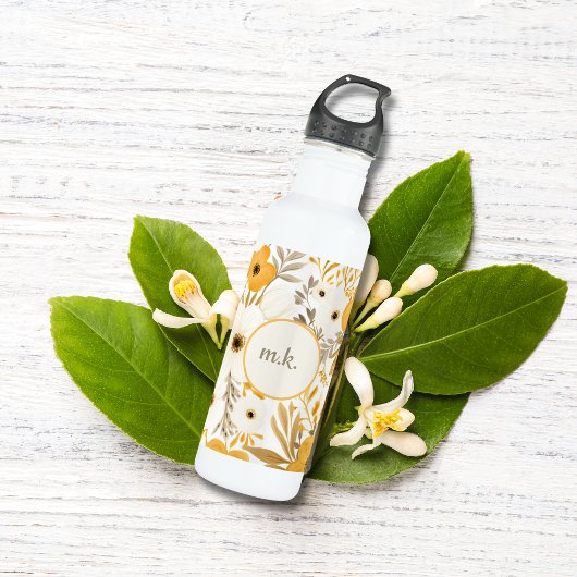 Monogram Initiaal Goudbruin Wit Bloemen Botanisch Waterfles