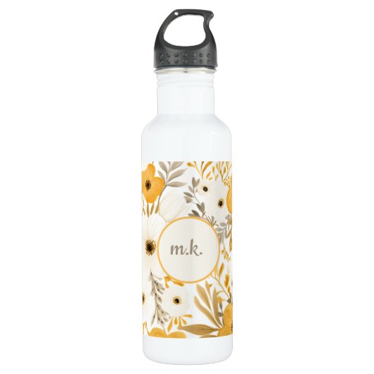 Monogram Initiaal Goudbruin Wit Bloemen Botanisch Waterfles (Voorkant)