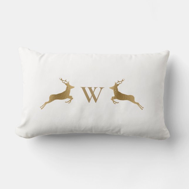 Monogram Initiaal Gouden Hert Wit Winter Kussen (Voorkant)