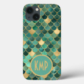 Monogram Initiaal Green Emerald Gold Mermaid Scale Case-Mate iPhone Case (Achterkant)