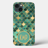 Monogram Initiaal Green Emerald Gold Mermaid Scale