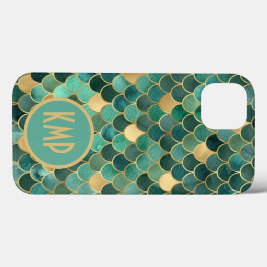 Monogram Initiaal Green Emerald Gold Mermaid Scale Case-Mate iPhone Case (Achterkant (horizontaal))