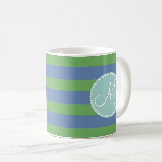 Monogram Initiaal Green Periwinkle Striped Pattern Koffiemok (Voorkant rechts)