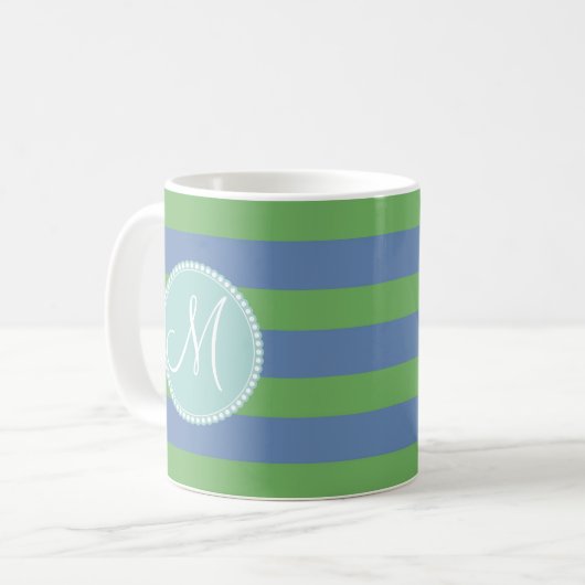 Monogram Initiaal Green Periwinkle Striped Pattern Koffiemok (Voorkant links)