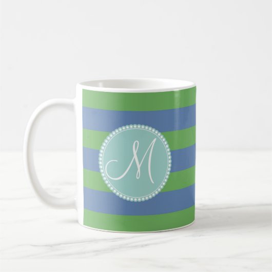 Monogram Initiaal Green Periwinkle Striped Pattern Koffiemok (Links)