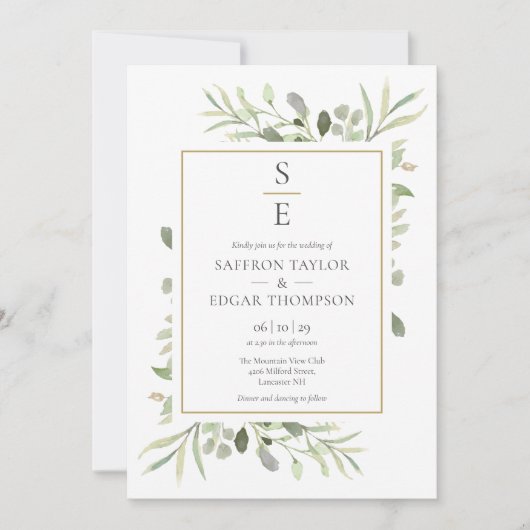 Monogram Initiaal Greenery Foliage Wedding Kaart (Voorkant)