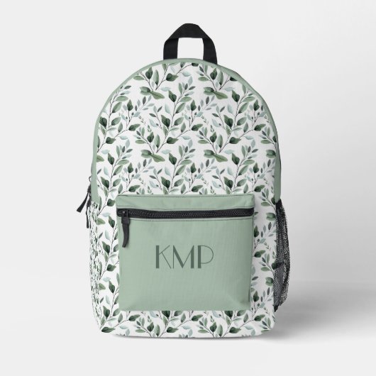 Monogram Initiaal Groene Bladeren Botanisch  Bedrukte Rugzak (Voorkant)