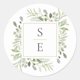 Monogram Initiaal Groene Moderne Gouden Huwelijk Ronde Sticker
