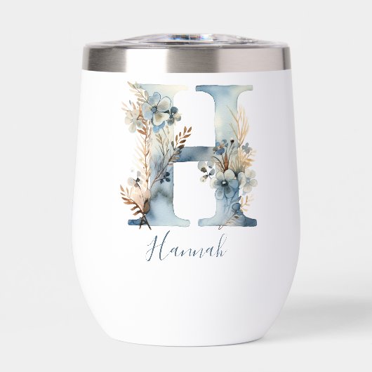 Monogram Initiaal H Blue Floral Waterverf Gift Haa (Voorkant)