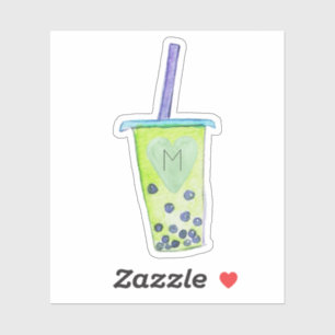 Monogram Initiaal Hart Groene Bubble Tea Sticker