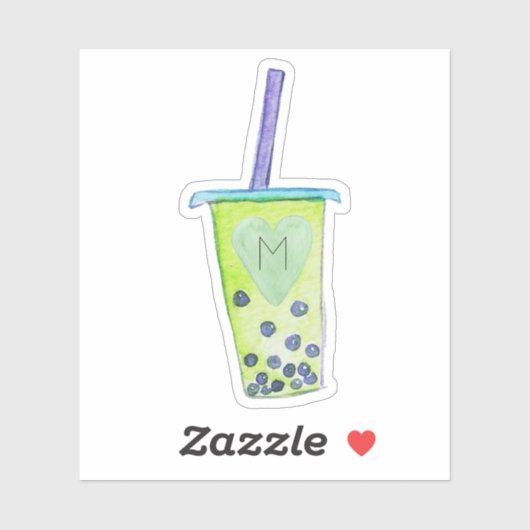 Monogram Initiaal Hart Groene Bubble Tea Sticker (Vel)
