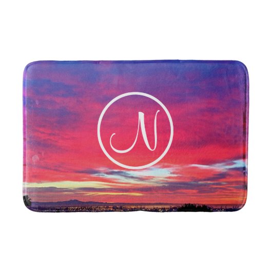 Monogram Initiaal Heet Roze Blauw Zonsondergang Fo Badmat (Voorkant)
