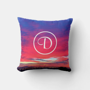 Monogram Initiaal Heet Roze Blauw Zonsondergang Fo Kussen