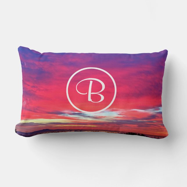 Monogram Initiaal Heet Roze Blauw Zonsondergang Fo Kussen (Voorkant)