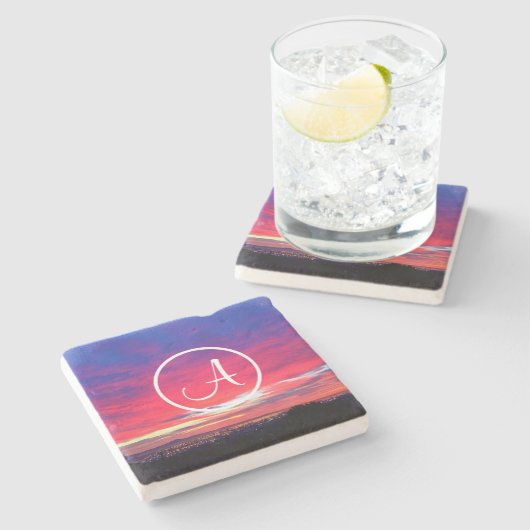 Monogram Initiaal Heet Roze Blauw Zonsondergang Fo Stenen Onderzetter (Zijkant)