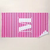 Monogram initiaal hete roze fuchsia white strepen strandlaken (Voorkant)