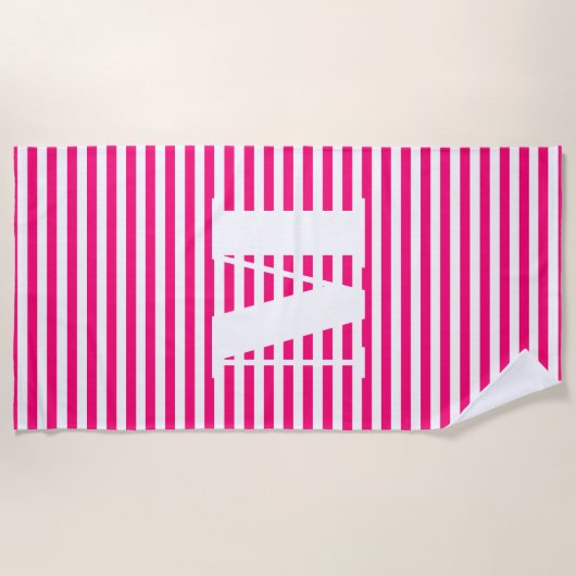Monogram initiaal hete roze fuchsia white strepen strandlaken (Voorkant)