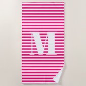 Monogram initiaal hete roze fuchsia white strepen strandlaken (Voorkant)