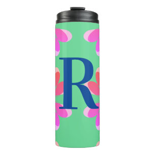 Monogram Initiaal Hot Pink Lime Green Retro Floral Thermosbeker