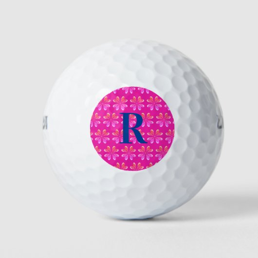 Monogram Initiaal Hot Pink Retro Flower Patroon Golfballen (Voorkant)