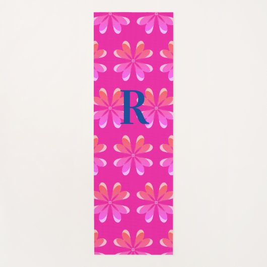 Monogram Initiaal Hot Pink Retro Flower Patroon Yogamat (Voorkant)