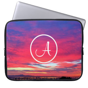 Monogram Initiaal Hot Roze Blauw Zonsondergang Fot Laptop Sleeve
