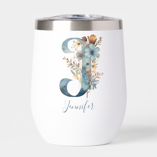 Monogram Initiaal J Blue Floral Waterverf Gift Her (Voorkant)