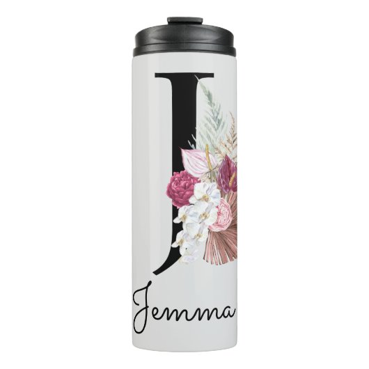 Monogram Initiaal J Pink Boho Girly Floral Thermosbeker (Voorkant)
