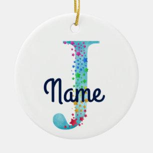 Monogram Initiaal J Rainbow Star-ontwerp Keramisch Ornament